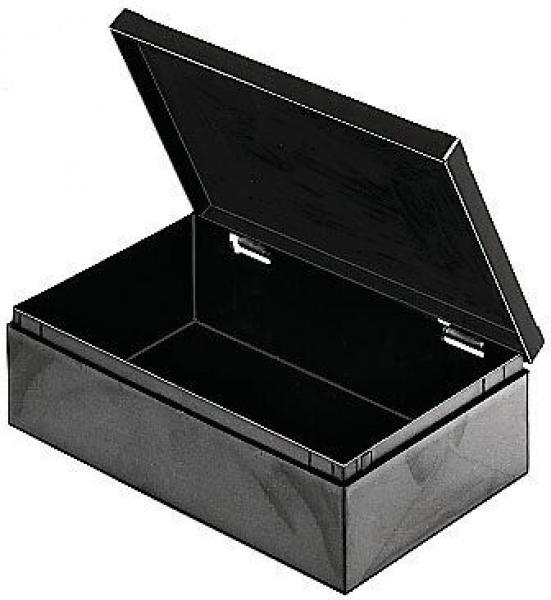 Das Bild zeigt eine schwarze, rechteckige Box mit einem abgehobenen Deckel. Die Innenfläche ist leer und rau, der Außenbereich ist glatt und glänzend.