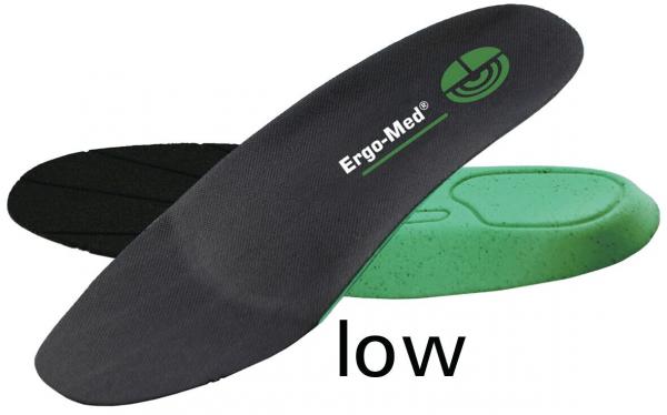 The image shows three different insoles for shoes. One is black, the second is green, and the last one has a slight curvature. The label "low" refers to the lower type.