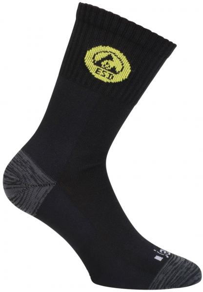 Das Bild zeigt eine schwarze Socke mit einem hohen Schaft. Auf der Außenseite ist ein gelbes Logo mit einem Bergsymbol eingewebt. Der Fußbereich hat eine graue Struktur.