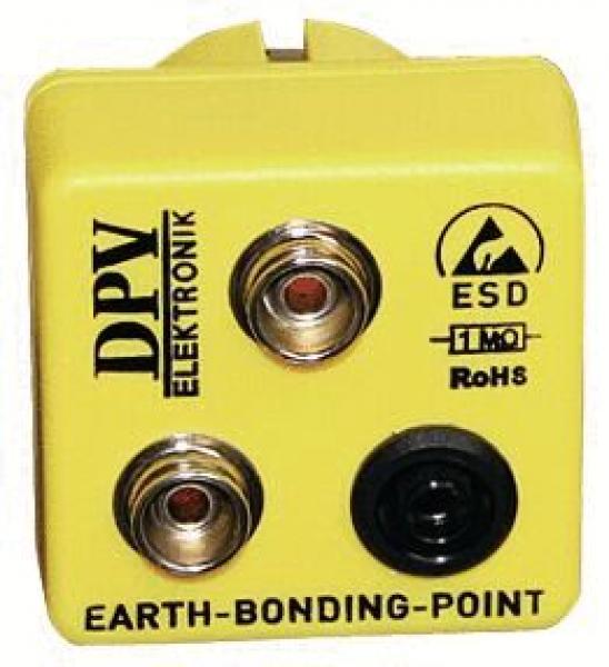 The image shows a yellow electrical contact point with three sockets: two round, one red, one silver, and one black socket. Above it reads "DPV ELEKTRONIK" and symbols for ESD and RoHS.