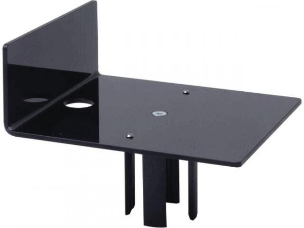 The image shows a black shelf with a back panel. It has a rectangular base and an opening in the board. The construction is sturdy and practical for wall mounting.