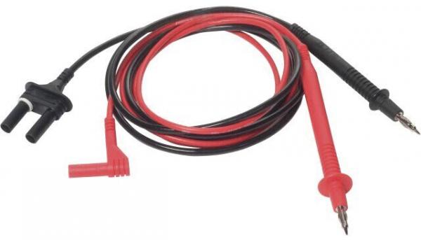 The image shows a multimeter cable with two colored test probes: one red and one black. The cable is flexible and has a plug at one end.