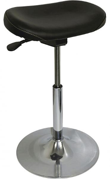 The stool has a round, padded seat in black and an adjustable, shiny metal foot. It stands on a stable, round base.