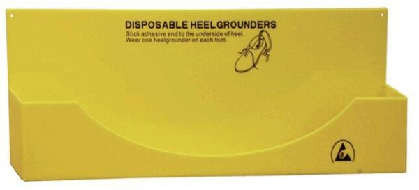 The image shows a yellow container labeled "DISPOSABLE HEELGROUNDERS". It contains disposable heel grounders for shoes, with instructions for use. A simple, functional design.