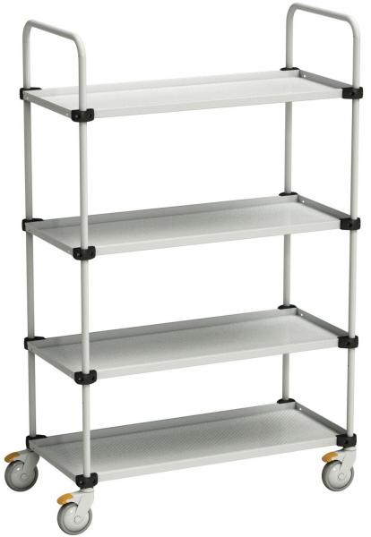 The image shows a rolling shelf with four level, flat storage surfaces. The structure is white with black connections and has two long handles on top. It is mounted on sturdy, movable wheels.