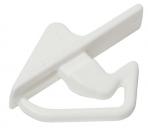 Preview: The image shows a small, white plastic hook in the shape of a simple device. It has a triangular tip and a loop resembling a clip, likely used for attaching or hanging.