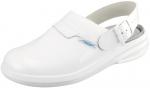 Preview: The image shows a white clog shoe with a wide, flat front part and an adjustable strap at the heel. The shoe has a clear, simple shape and a thick sole base.