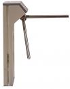 Preview: The image shows a metal turnstile. It has a rectangular base and a horizontal arm that rotates to allow access. The surface is smooth and shiny.