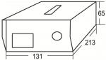 Preview: Das Bild zeigt eine rechteckige Box mit Maßangaben. Sie hat oben einen schlitzförmigen Einschnitt und an der Seitenfläche ein rundes Loch sowie ein Rechteck. Die Abmessungen sind angegeben.