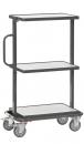 Preview: The image displays a three-tiered serving cart made of metal with a black frame. It features smooth, white shelves and four casters for easy movement, as well as a side handle.
