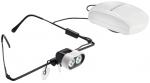 Preview: Das Bild zeigt eine spezielle Brille mit zwei kleinen, hellen LED-Lichtern vorne. An einem Kabel ist ein weißes Steuergerät befestigt. Die Brille hat schwarze Bügel.