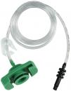 Preview: The image shows an infusion connection with a green valve and a transparent tube running in a straight line. The tube ends in a black connector.
