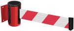 Preview: The image displays red-and-white barrier tapes with a round black casing. The tape is patterned in a zigzag, with red and white stripes, and is used for securing areas.