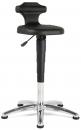 Preview: The stool has a round, black seat with a back support. The height is adjustable and the base is made of silver metal with five wheels.