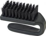 Preview: The image shows a black brush with an ergonomic handle. The brush head has many short nylon bristles, densely arranged, used for cleaning or grooming.
