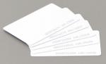 Preview: The image shows five white, rectangular plastic cards stacked on top of each other. Each card has numbers and letters embossed on one side. The background is gray.