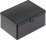 Preview: The image shows a black, rectangular box with a smooth, shimmering lid. It has rounded edges and a simple clasp on the front.