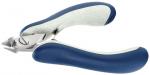 Preview: The image shows a nail clipper with ergonomic handles. The handles are blue and soft on the inside. The cutting edge is made of shiny metal and has a pointed shape.