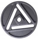 Preview: The image shows a round weight plate made of dark metal. There is a hole in the center to place it on a rod. The design features triangular and straight cutouts.