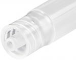 Preview: The image shows the end of a white, transparent container. It has a round opening and a rotating mechanism, presumably used for dispensing content.