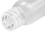 Preview: The image shows the top part of a clear plastic bottle with a narrow spout. The cap has a round, wavy structure and a small slot in the center.