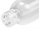 Preview: The image shows the upper part of a transparent plastic bottle. The neck of the bottle has a screw thread, and the opening is equipped with a thin, round attachment.