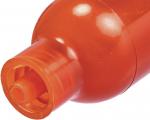 Preview: The image shows the upper part of an orange bottle. It has a round shape and a narrow, open neck that tapers slightly at the top.