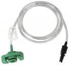 Preview: The image shows a transparent hose that ends with a green plastic connector and a black plug. The hose is flexible and has an elongated shape.