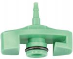 Preview: The image shows a small, green plastic adapter with a thin spout on top. It has a round base with a rubber seal and two lateral, rounded bulges.