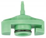 Preview: The image shows a green plastic part with a round, dense center and an upward-facing hose connection. It has a specially shaped base with lateral bulges.