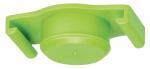 Preview: The image displays a green, rounded plastic item with lateral notches. It has a flat bottom and appears to be a holder or clip, likely used for securing objects.