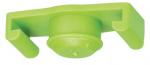 Preview: The image shows a small, light green plastic clip. It has a round, raised part in the middle and two elongated, curved holders on the sides.