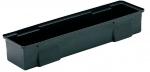 Preview: The image displays a long, rectangular flowerpot made of black plastic. It has smooth walls and a flat surface with small drainage holes on the sides.