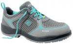 Preview: The shoe is a gray safety or work shoe with mesh material and aqua-blue accents. It has laces and a grippy, black outsole.