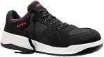 Preview: The shoe is a sporty sneaker in black with a stiletto heel. It features a mesh-like upper, gray laces, and a thick white sole. The interior color is red.