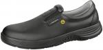 Preview: The shoe is a black slip-on with a smooth upper. It has a lightweight sole with tread and a small yellow marking on the side. Ideal for use in the hospitality or healthcare industry.