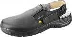 Preview: The shoe is a black clog with an open heel area. It has a smooth leather layer and a non-slip rubber sole. There are two elastic inserts on the top for easy slipping on and off.