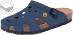 Preview: Der Schuh ist ein blauer Clog mit großen, runden Löchern für Belüftung. Er hat einen Korkfußbett und einen verstellbaren Riemen an der Seite. Die Sohle ist schwarz und rutschfest.