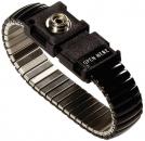 Preview: The image shows a black, metallic bracelet with a flexible, springy structure. In the center, there is a rectangular clasp marked with the inscription 