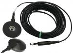 Preview: The image shows a black cable with a round end that has a small, flat, round surface. The other side has a plug. The cable is coiled and has a green marking.
