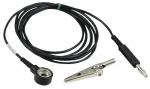 Preview: The image shows a long black cable with a round end that has a connector, and a metal clip. The clip is suitable for clamping and is located at the other end of the cable.