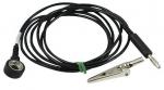 Preview: The image displays a thin, black cable with a clip on one end and a round connector on the other. The clip is silver-colored and metallic, while the connector has a closed shape.