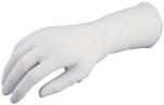 Preview: The image shows a white disposable glove lying on a flat surface. The glove is slightly rippled and has an anatomical shape, like a hand.