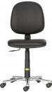 Preview: The chair has a padded backrest and seat made of black material. It stands on a chrome-plated base with five casters and is adjustable in height.