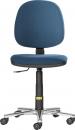 Preview: The image shows a blue office chair with rounded back and seat surfaces. It has adjustable height, five casters, and a sturdy metal base. The fabric is textured.