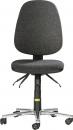 Preview: The chair has a high, round backrest and a wide seat. It is black and covered with a soft fabric. Under the seat, there is a height-adjustable mechanism and it stands on five casters.