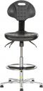 Preview: The image shows a black swivel stool with a padded seat and a reclined backrest. It has an adjustable height and five metal caster feet.
