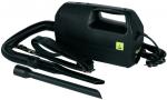 Preview: The image shows a black handheld vacuum cleaner with a handle. Attached to the device are a flexible hose and two different attachments used for vacuuming.