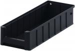 Preview: The image displays a long, rectangular container made of black plastic. It has straight sides and a smooth surface, with an opening on one side. Ideal for storing items.