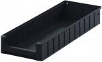 Preview: The image shows a narrow, rectangular, black plastic storage box. It has high walls, a smooth interior surface, and is slightly tapering at one end.
